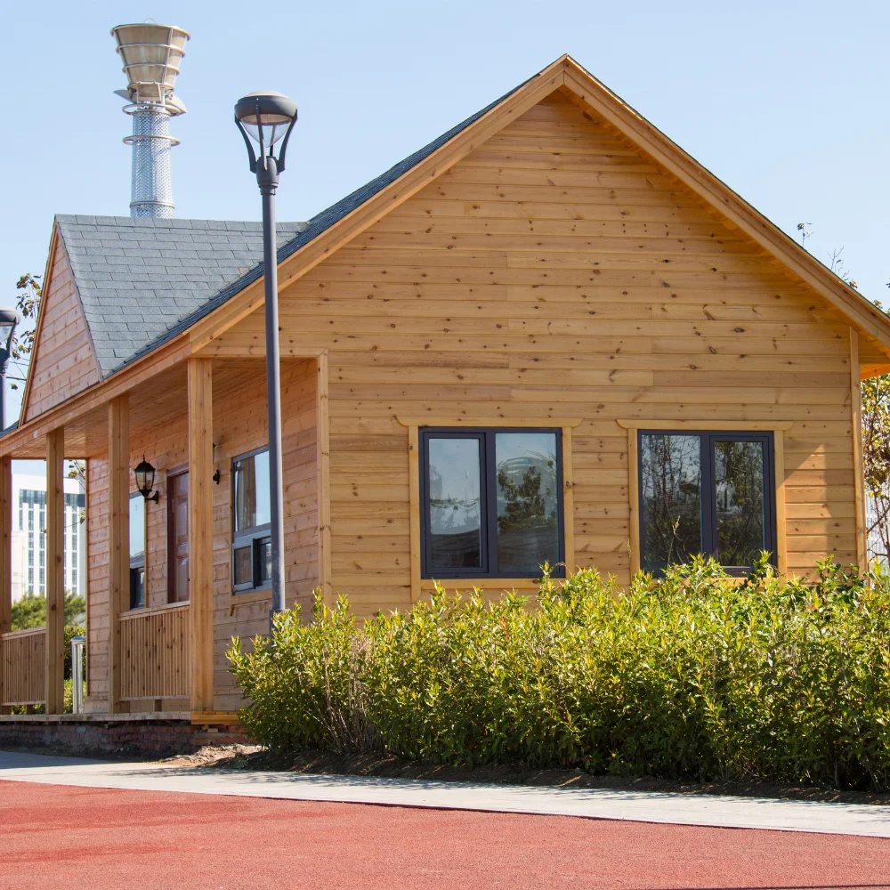 high quality longused life hot sell heavy steel structure wooden house  wood like grain prefab villa 3D design  resort hotel