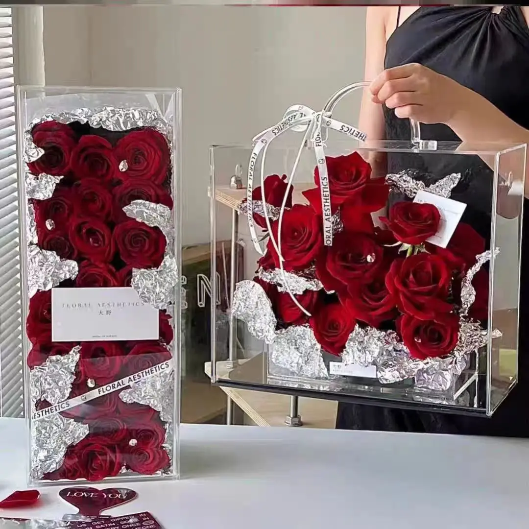 Custom Clear Rectangular Acrylic Modern Vase Rose Floral Vases Flower Display Box for Centerpieces for Home Decor Weddings