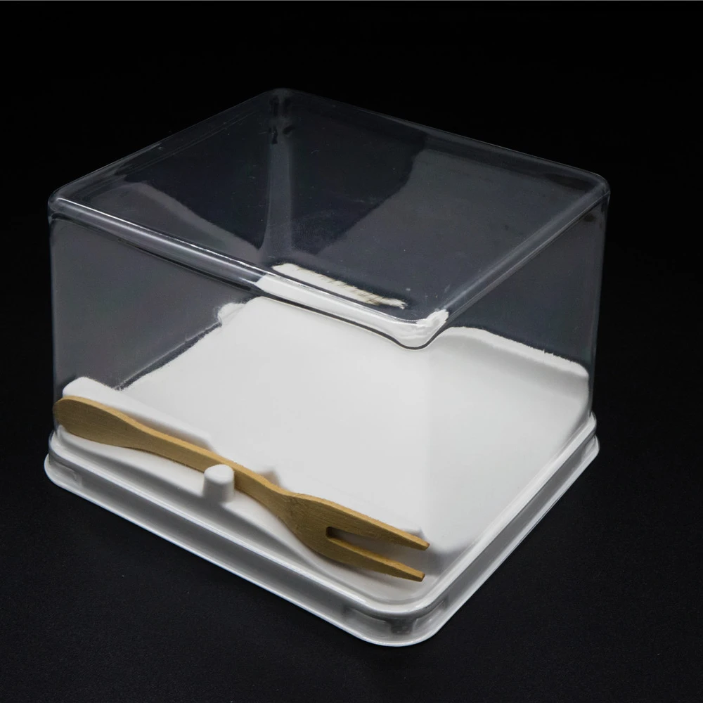 Food Grade Plastic Clear Pet Mini Rectangle Cake Box Packaging Cupcake Container with Fork