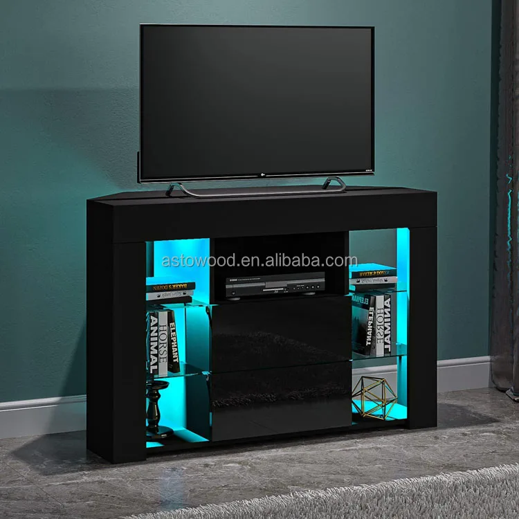 High Gloss Corner TV Stand Cabinet Cupboard Storage Furniture for Home Living Room with RGB Lights for 32 40 45 50 inch TV