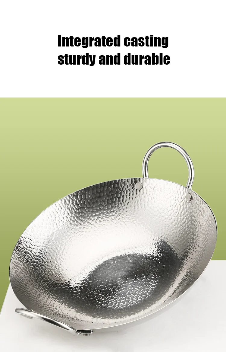 Silver Stainless Steel Hammer Frying Pan Restaurant Double Ear Hot Pot Seafood Basin Seafood Shabu Pot Round Bottom Pan