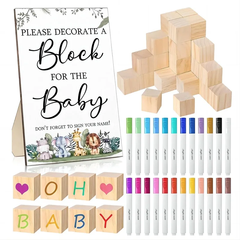 Natural Solid Wood Square Building Blocks Cube with Paint Set DIY Indoor Toys for Children