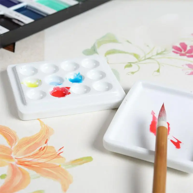 Hot Selling 12 Wells Square Shape Porcelain Paint Palette With Cover Washable White Ceramic Paint Palette for Paint Mixing Using