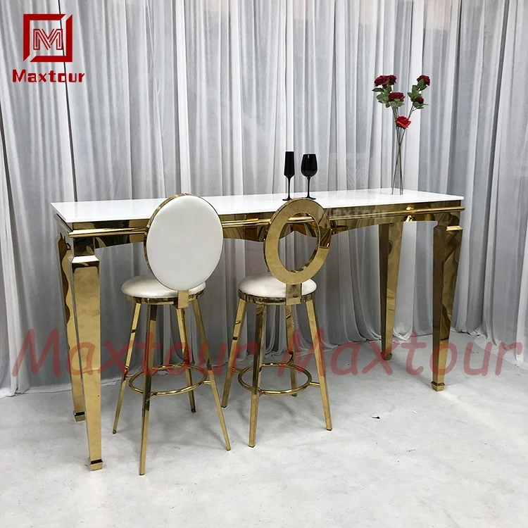 Luxury gold stainless steel and MDF top long high bar furniture table