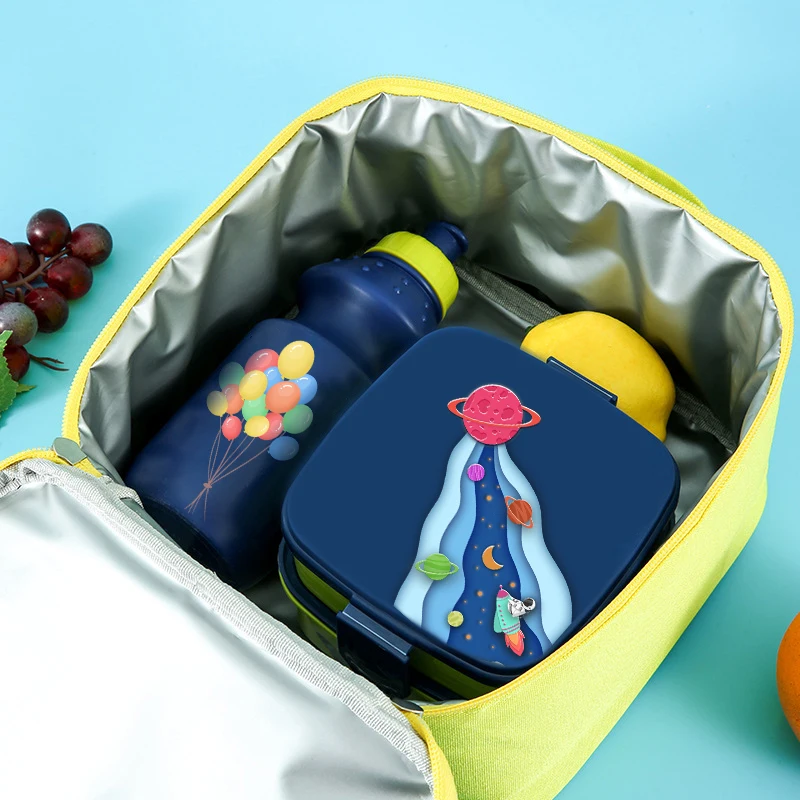 New 2024 customized lunch box set portable hand bag kids with insulated bag plastic water bottle 21*21*12cm