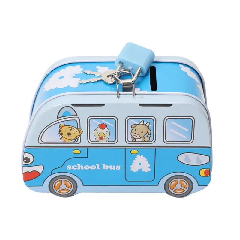 TOPSTHINK Metal bus large lid locked money box coin piggy bank for boys girls