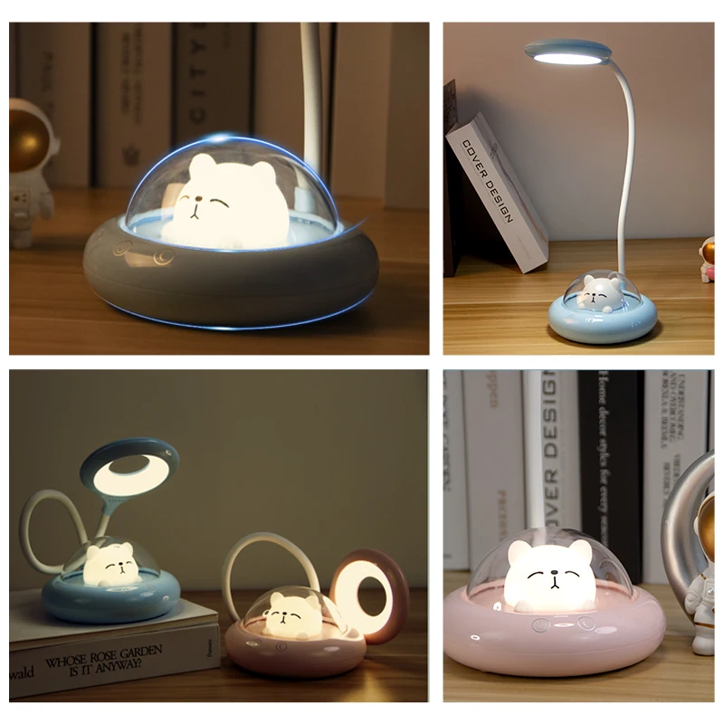 New Cute Cartoon Kitty LED Night Light Lamp UFO Style with Flexible Silicon Tube White Shade Touch Control Battery Powered