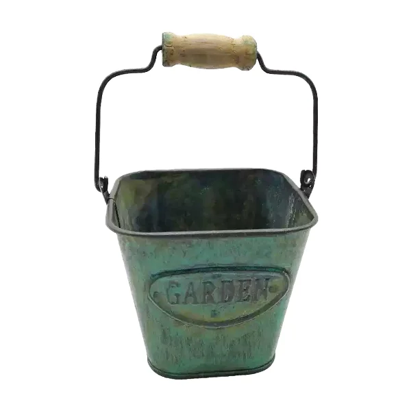 Square dark green vintage metal bucket with strange shape decorative bucket with wooden handle