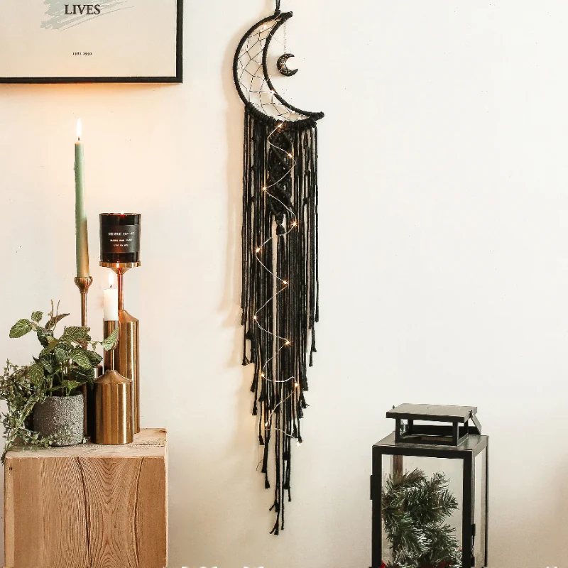 Черная луна Ловец снов хлопчатобумажная веревка тканая подвеска темное украшение комнаты ветер Chime
