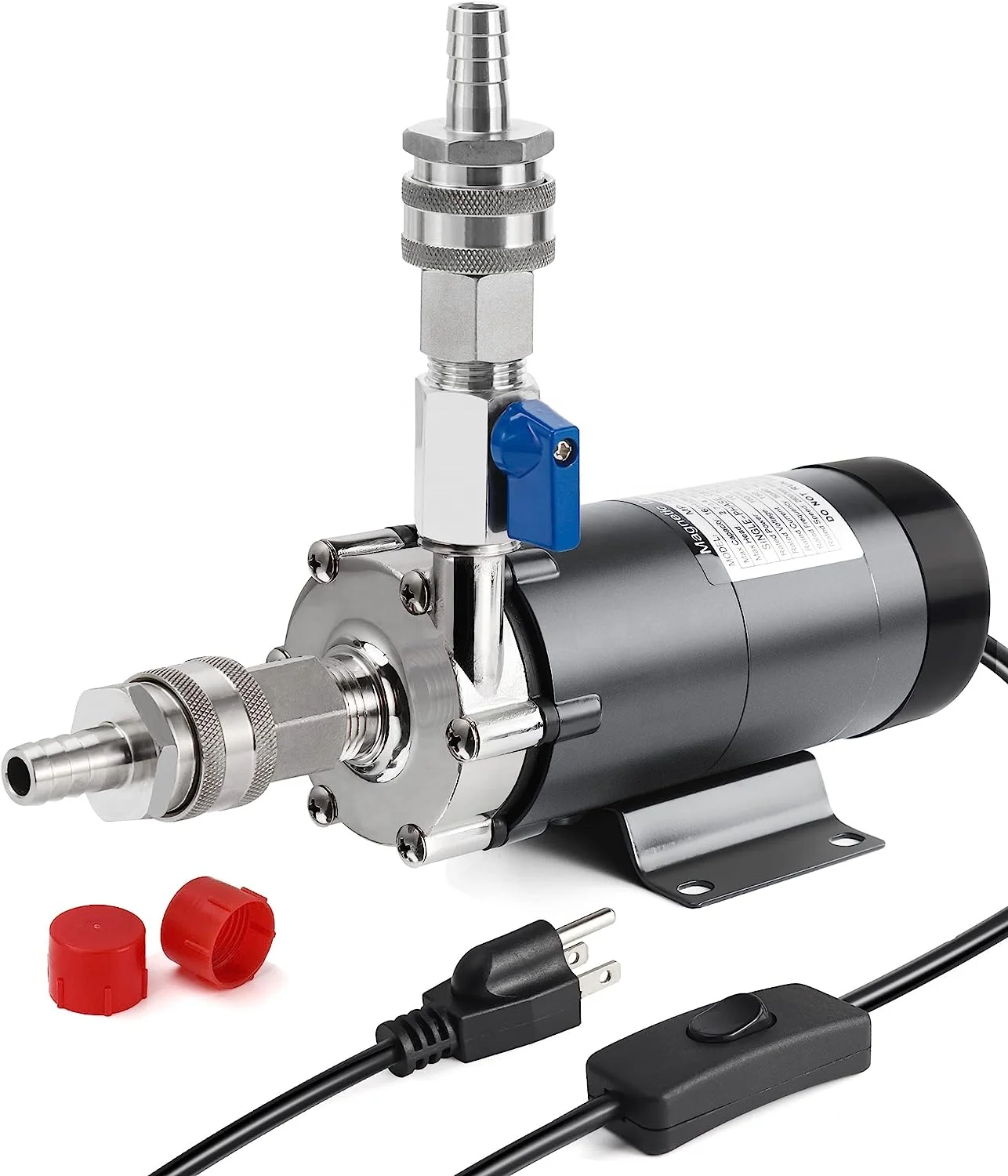 Stainless Steel Head Magnetic Drive Pump Homebrew Wort Transfer with Switch Mini Ball Valve Quick Disconnects