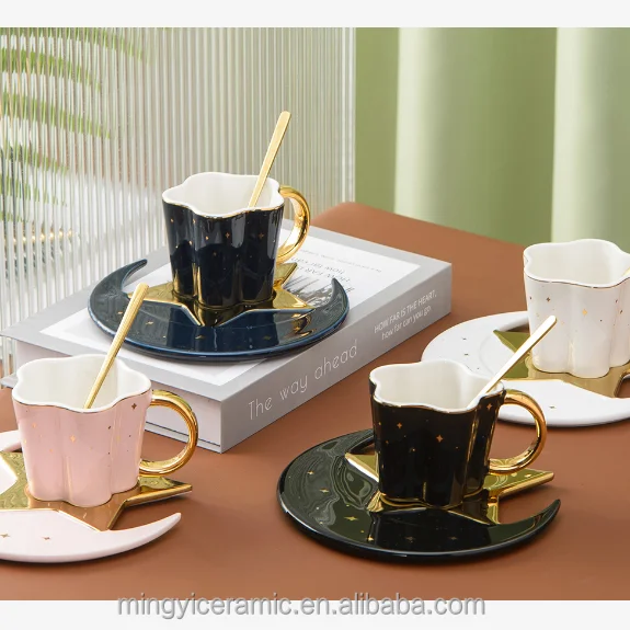 Factory Hot Sale Star Porcelain  Coffee Cup and tea set  Ceramic Cup Set with Spoon