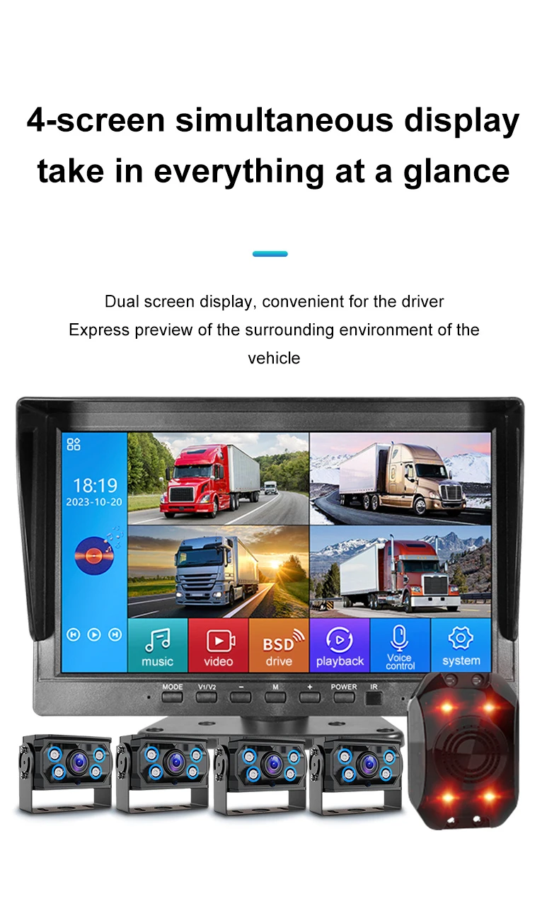 All-round Car Camera System DVR Recording 10.1 Inch Quad Split Monitor Siren Light BSD Alarm Truck Rear View Monitoring System
