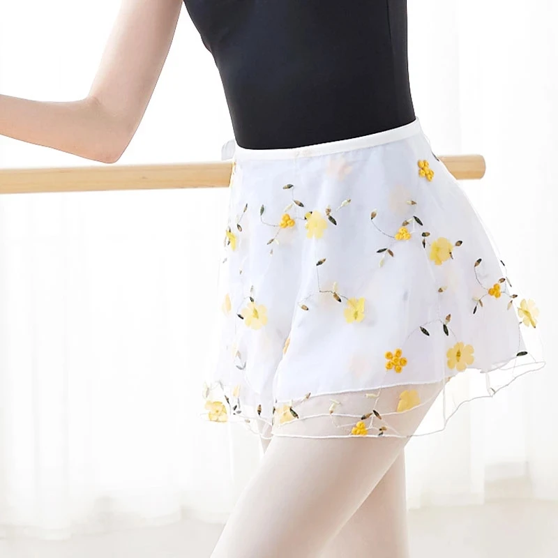 Women Ballet Skirt Embroidery Floral Chiffon Wrap Dance Skirt