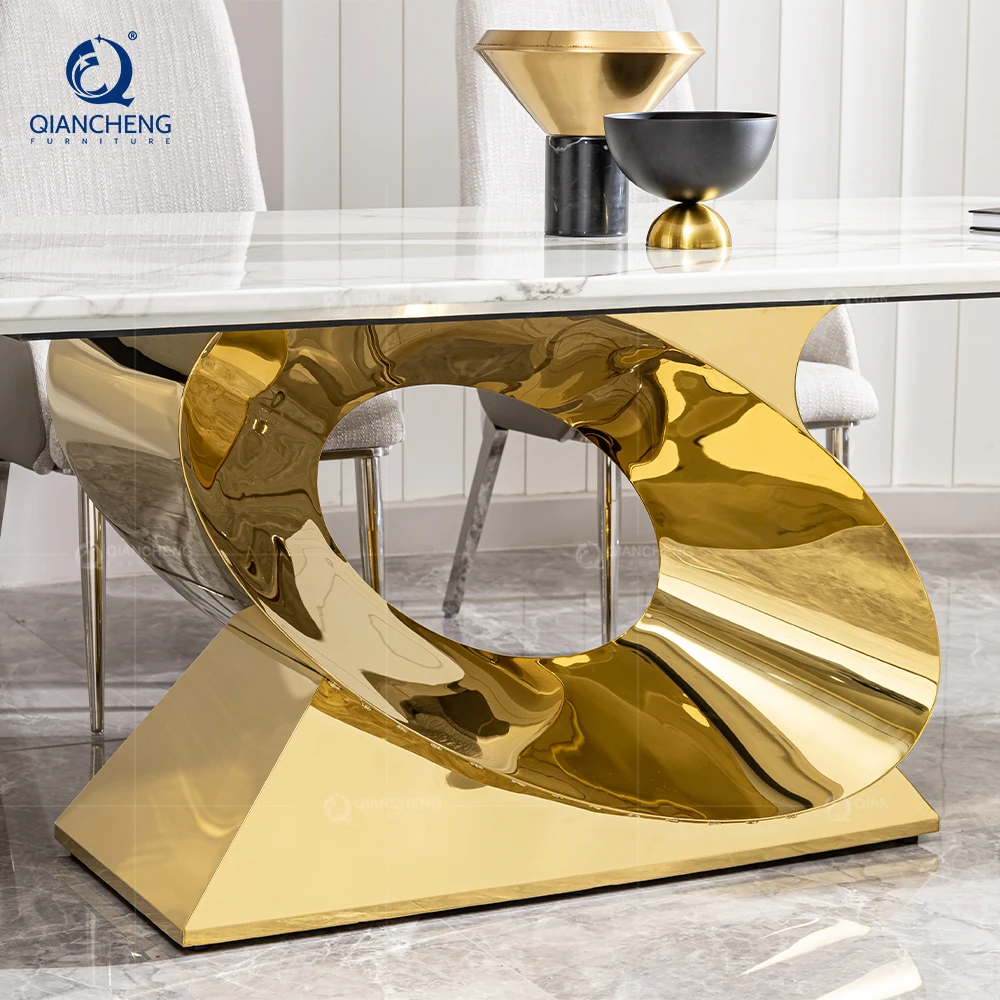 QIANCHENG latest design modern european style dinning tables wholesale price fancy real natural stone dining table set