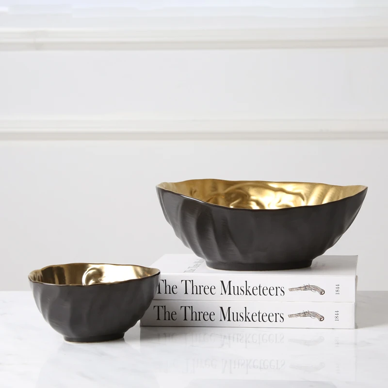 
Oval golden painted inside lacquer bowls ceramic decorative fruit bowl 