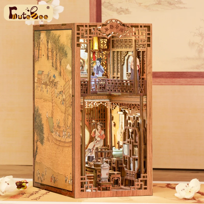 CuteBee New Year Gifts Chinese Story Elegant Song  DIY Miniature Wooden House Book Nook with LED Night Light Bookend