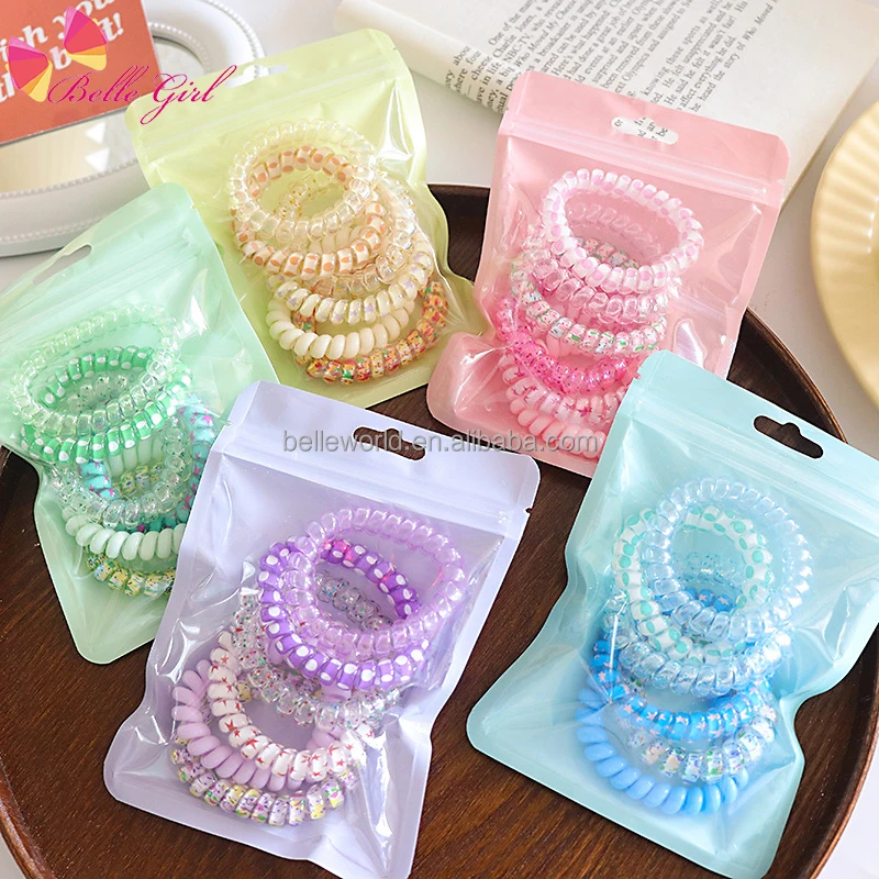 BELLEWORLD custom package new fashion elastic band hair accessories for girls 6pcs/bag candy color sweet phone cord hair ties