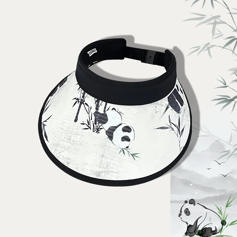 Chinese style outdoor sunscreen empty top hat can store ink painting panda windproof sunshade empty top hat
