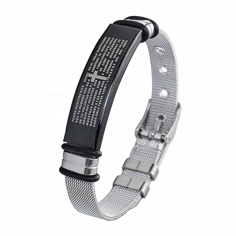 Mens Stainless Steel Mesh Bracelet English Spanish Bible Christian Cross Bracelet