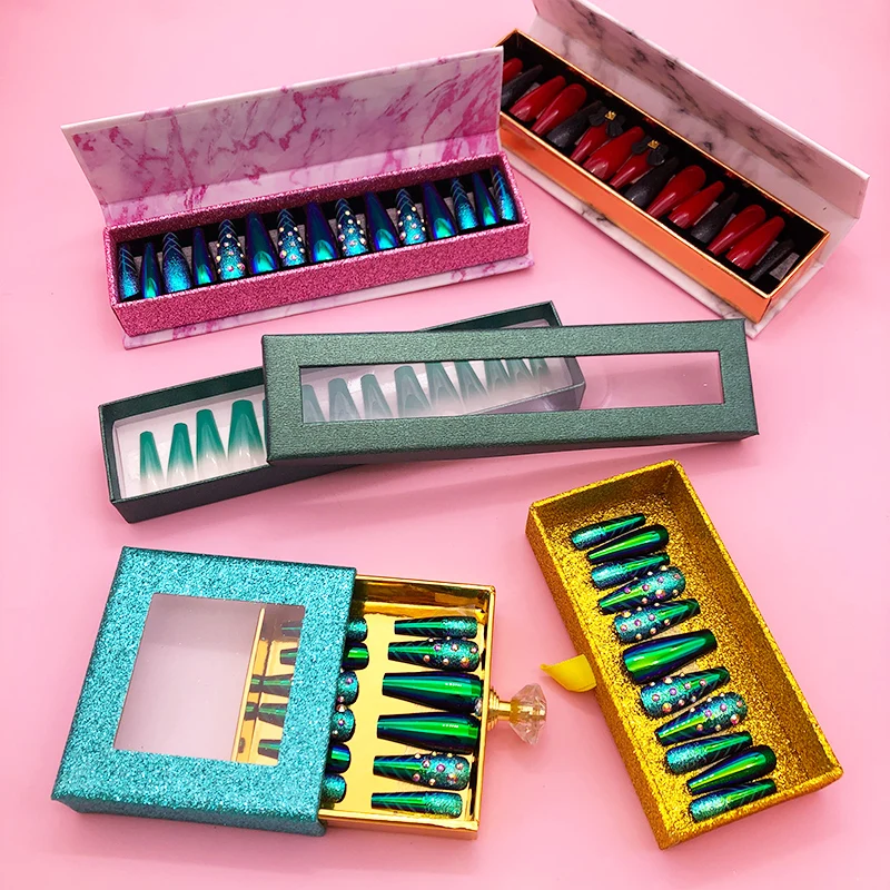 unas press on nails false cute nails handmade artificial fingernails with branded stickers