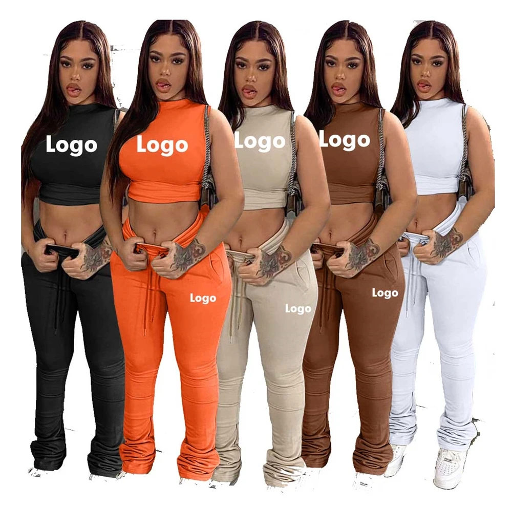 Spring Women Clothing Solid Color Turtleneck Sleeveless Crop Top With Folded Trousers 2 Piece Set Tracksuit Outfits