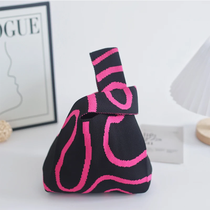 Wholesale Custom Knitted Rose Design Bag for Outdoor Shopping Gift Pink Tote Vest Shape Bag Portable Handbags with Logo