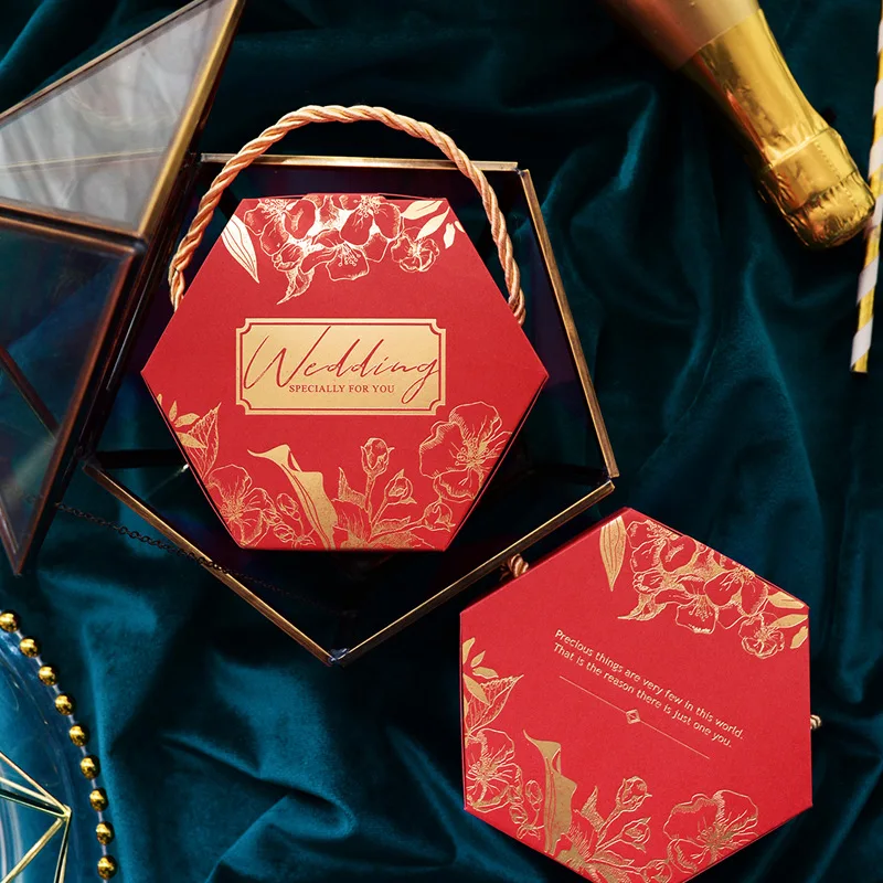 wholesale stock good or custom hexagon Chinese style hand holding packaging candy engagement wedding candy bag gift box