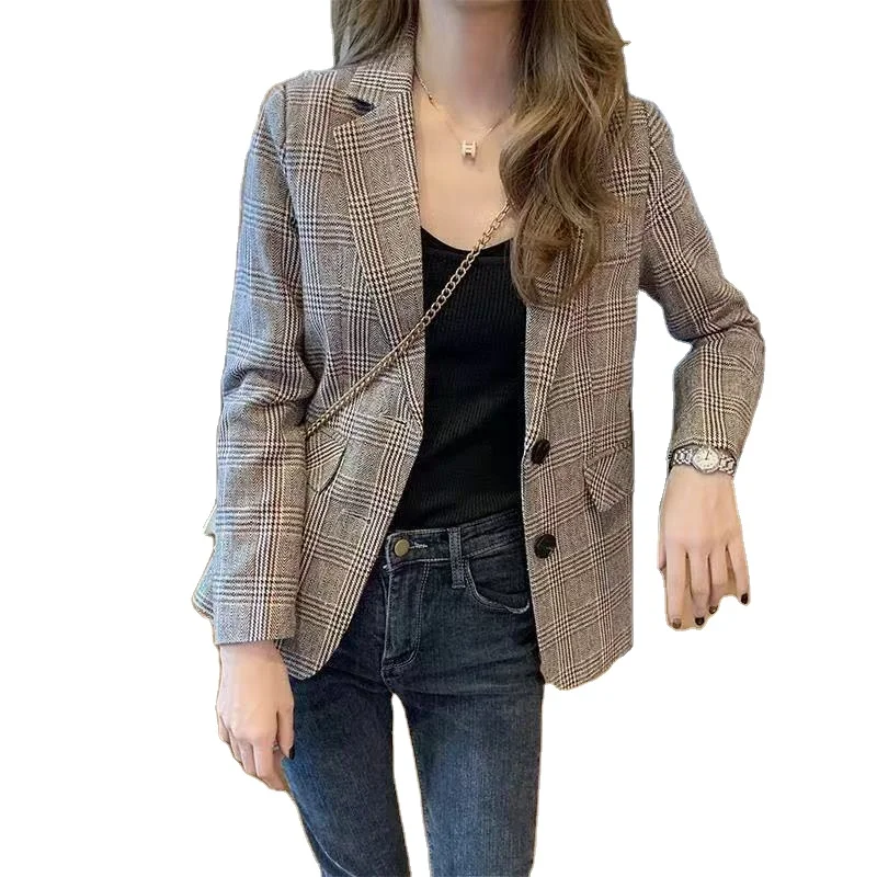2024 Spring and autumn thin new student short style small temperament plaid suit coat