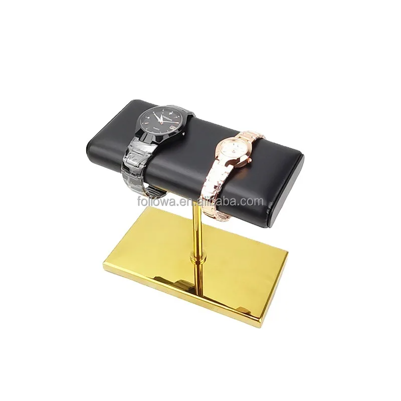 In stock wholesale Luxury watch display gold base rack leather pillow golden jewelry display stand