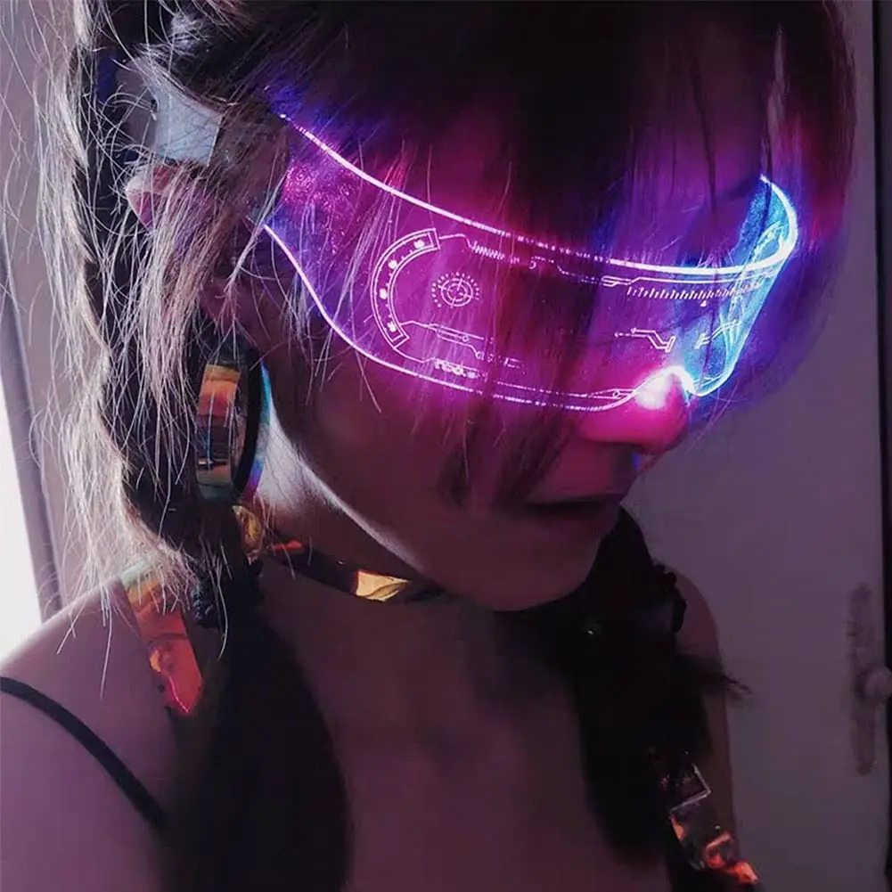 Battery Powered 7 Colors Futuristic Cyberpunk Flashing LED Visor Light Up Luminous Glasses for Night Party Bar Club Halloween