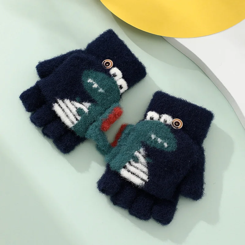 Fashion Half Finger Knit Mittens Cartoon Animal Children Thermal Winter Knitted Kids Gloves