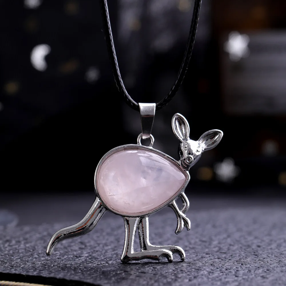 Fashion Jewelry Cute Animal Kangaroo Pendant Necklace for Women Girls Natural Stones