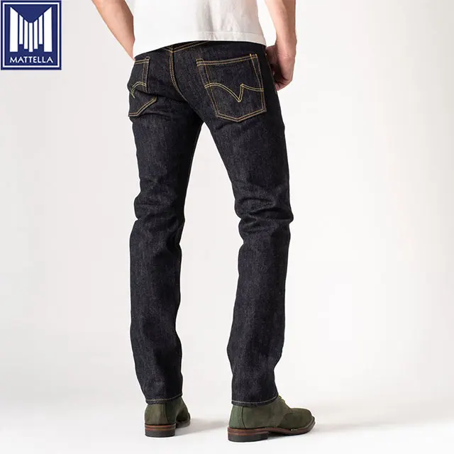 customized style indigo 21oz selvedge denim slim tapered made from gold metallic denim fabric specification