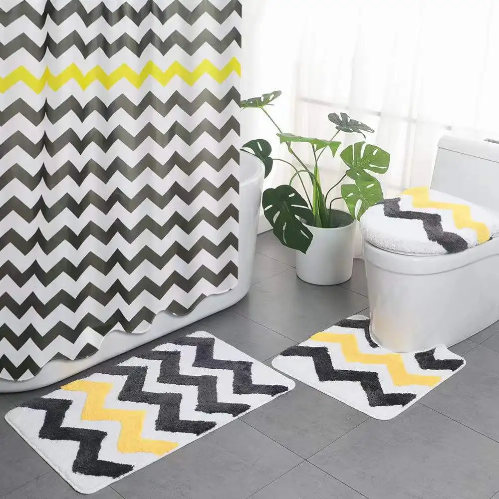 High Quality Factory Wholesale 4 pieces with curtain Microfiber Shaggy Non-slip Door Carpets Bath Mat Rug Sets For Bathroom