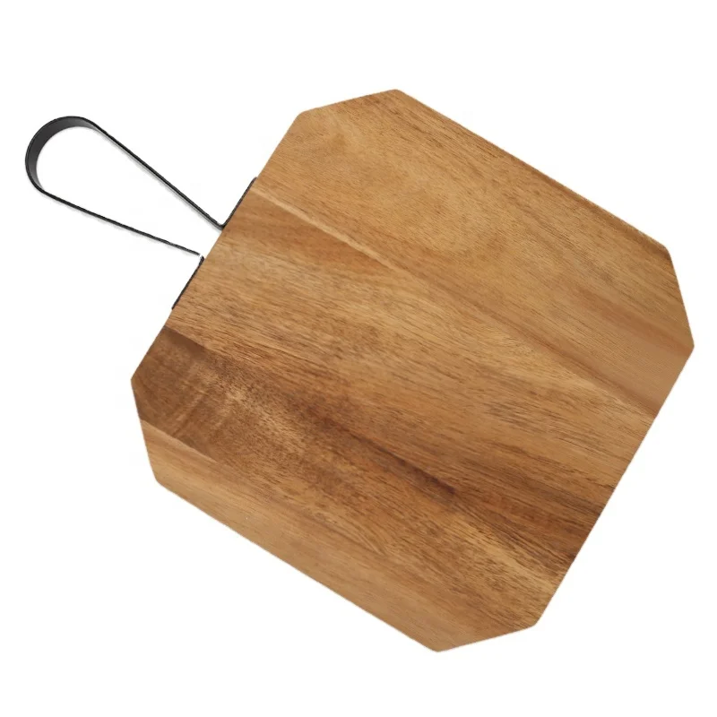 Irregular Original Acacia Wooden Cutting Board With Black Color Metal Handle