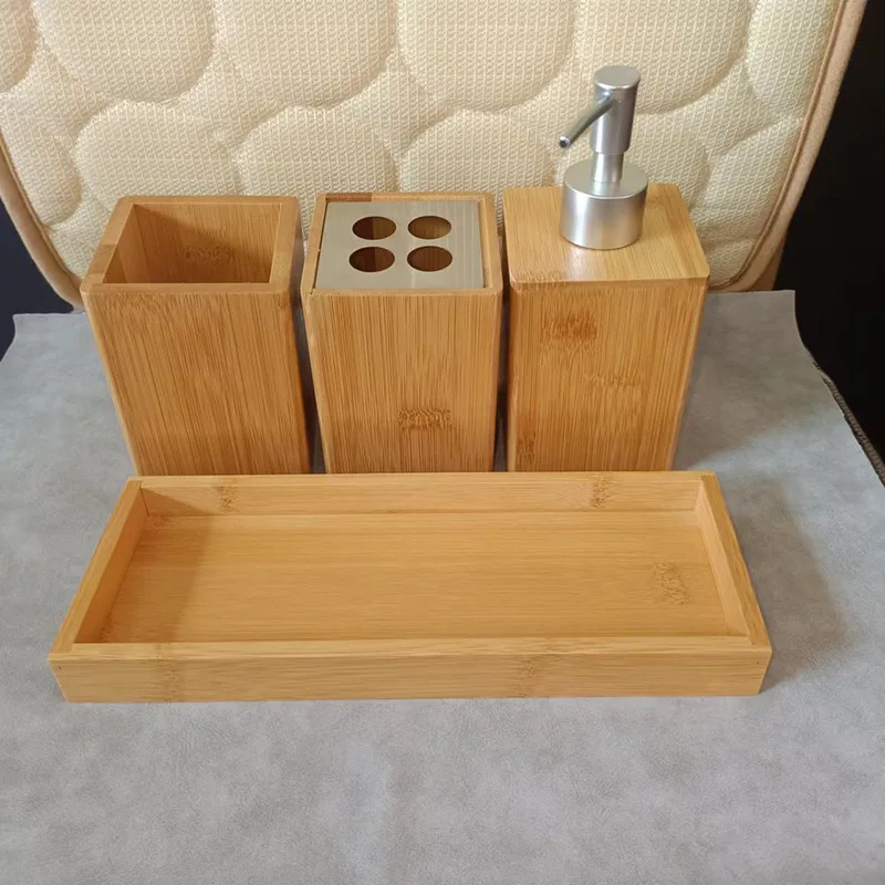 Vanity luxury bathroom 4-piece essentials accessory set bamboo bath accessory set