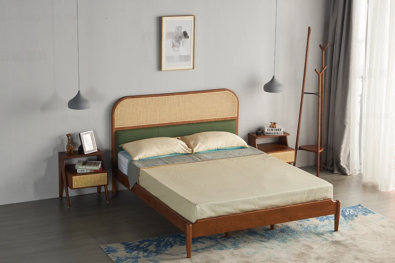 Оптовая продажа с фабрики, Скандинавская мебель для дома и спальни, кровать из цельной древесины, ротанговая тростниковая двойная кровать 1,5 м, 1,8 м