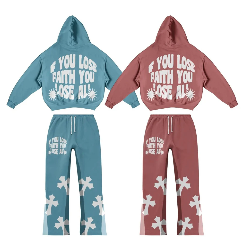 Custom high-quality pattern direct spray sports suit hip-hop loose trendy American-style hoodie suit