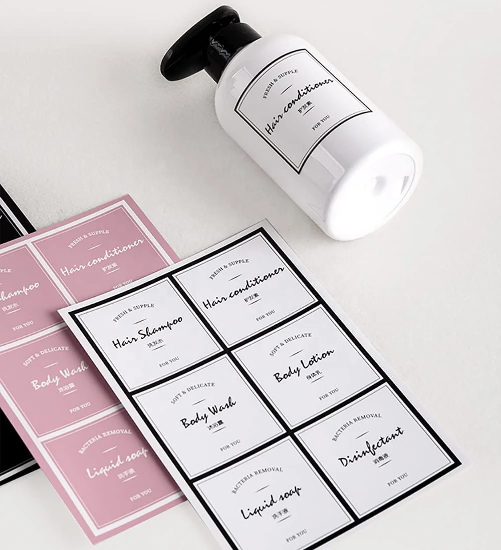 Factory Direct Cheap Rectangle Waterproof Bathroom/Kitchen/Cosmetic Hand Soap Dispenser Removable Cleaning Label Stickers