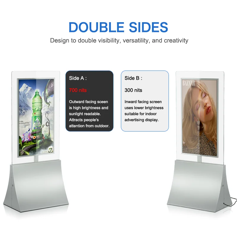 Sunlight Readable Indoor Two Sides Screen Ultra Slim Lcd Window Facing Digital Signage For Shop Window Advertising Display