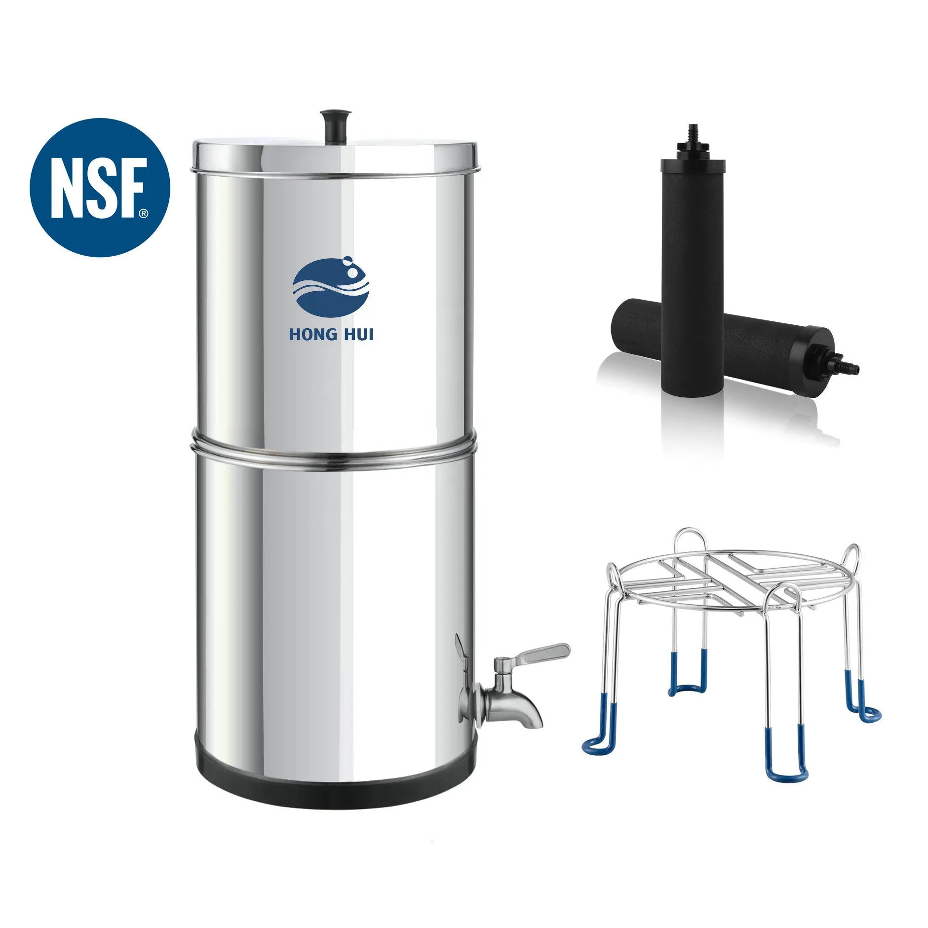 HONG HUI LT-2.25B NSF Certificate Gravity-Fed Water Filter System with Purification Filters and Stand for Home or Camping Travel