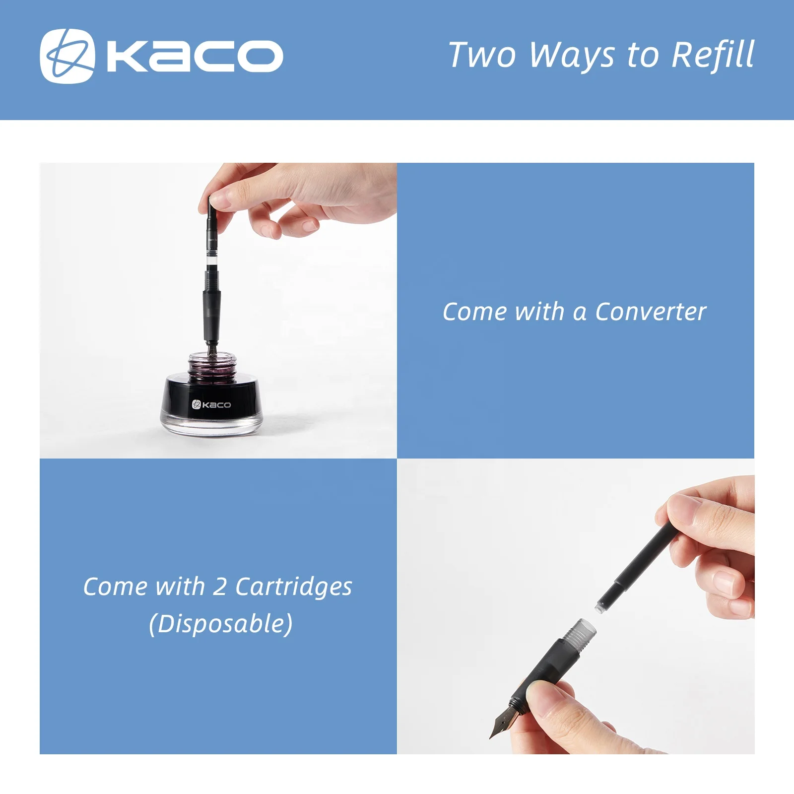KACO SKY II Fountain Pen, Black Barrel, Extra Fine Nib with 2 Black Ink Cartridges and 1 Converter in PP Box
