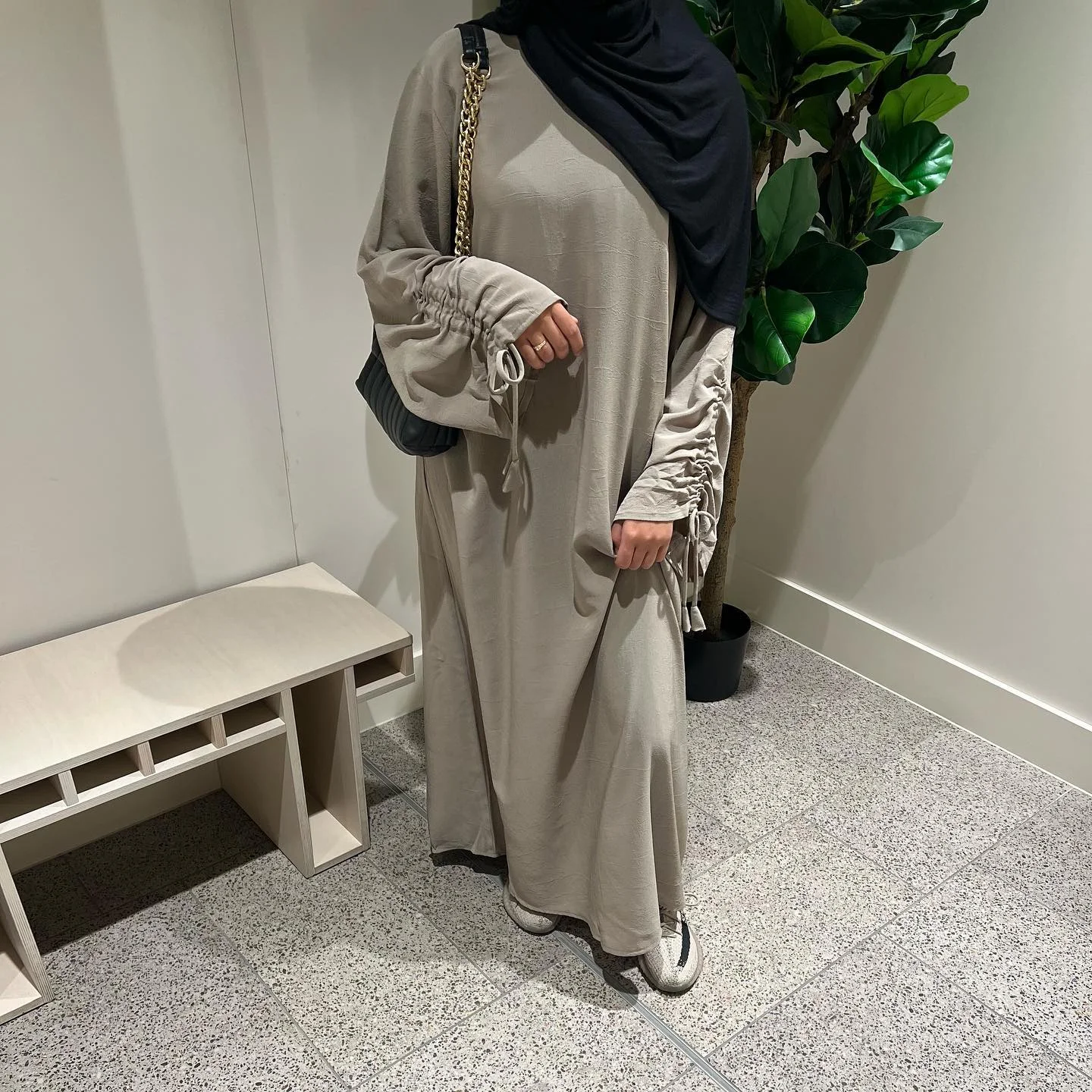 Drawstring Casual Clay Charcoal Pebble Stone Ruched Sleeve Custom Made Abaya
