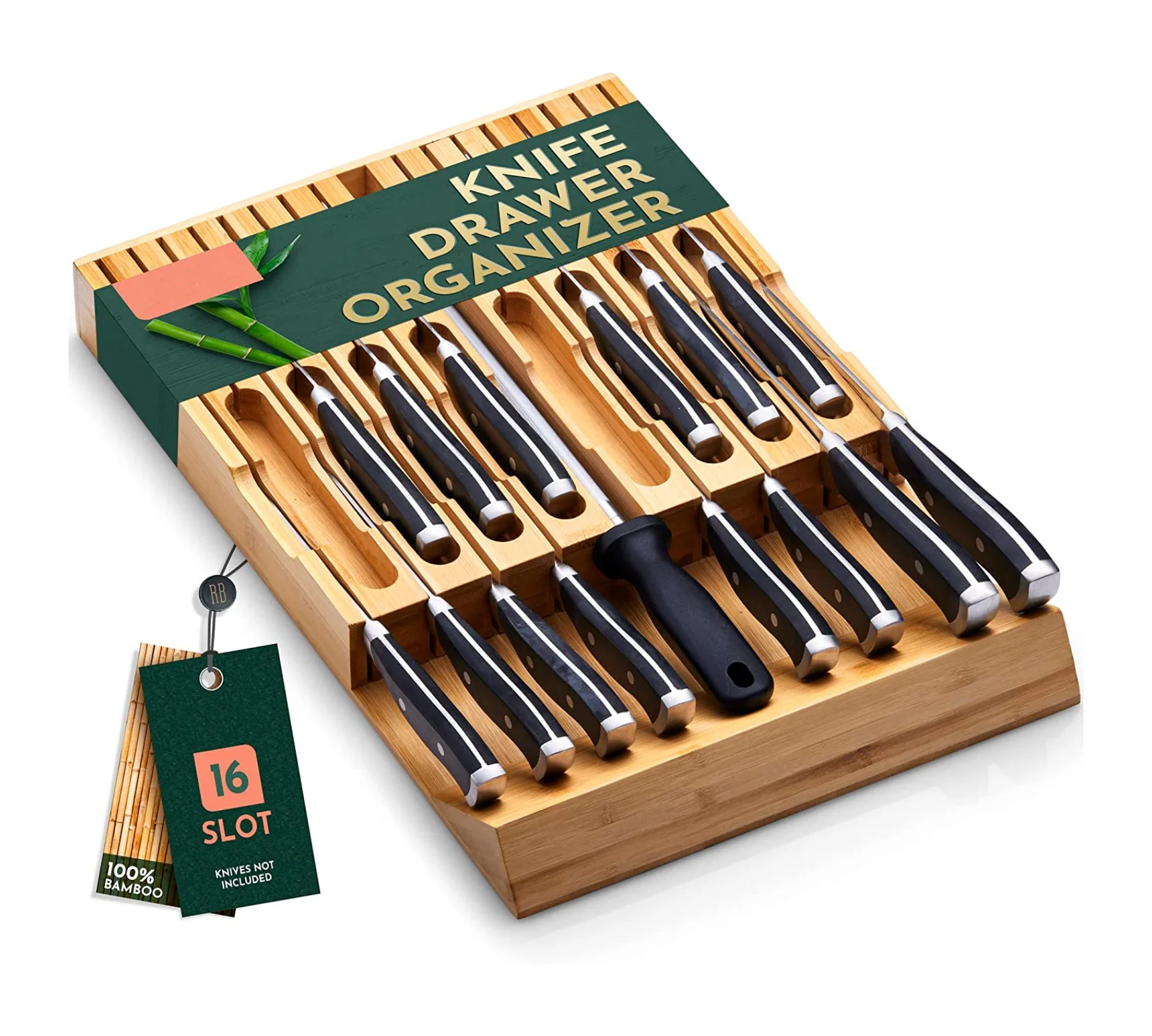 Wholesale In-Drawer Knife Block Bamboo Knife Drawer Organizer Insert Kitchen Drawer Storage A Slot For Knives Sharpener