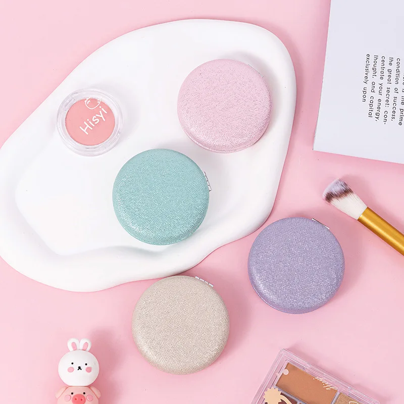 Custom Logo Foldable Double-sided Handheld Vanity Mirror Portable Cute Mini Pu Glitter Macarons Round Make Up Mirrors