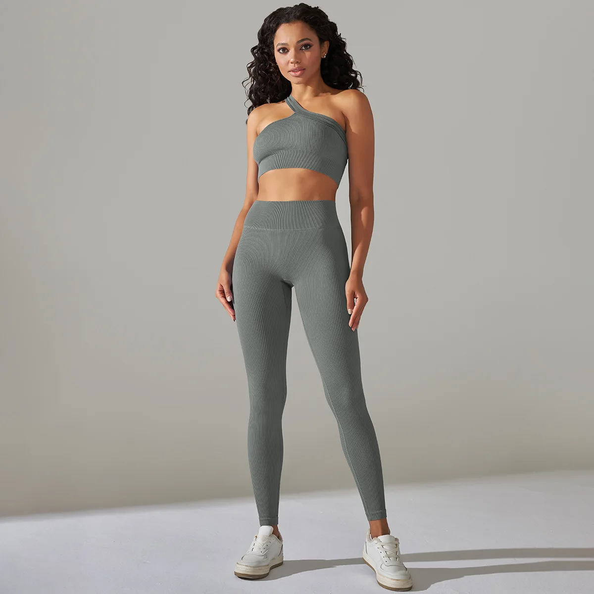Women Ribbed Activewear Set Two Piece Seamless Bra Legging Set One Shoulder Sports Bra Set