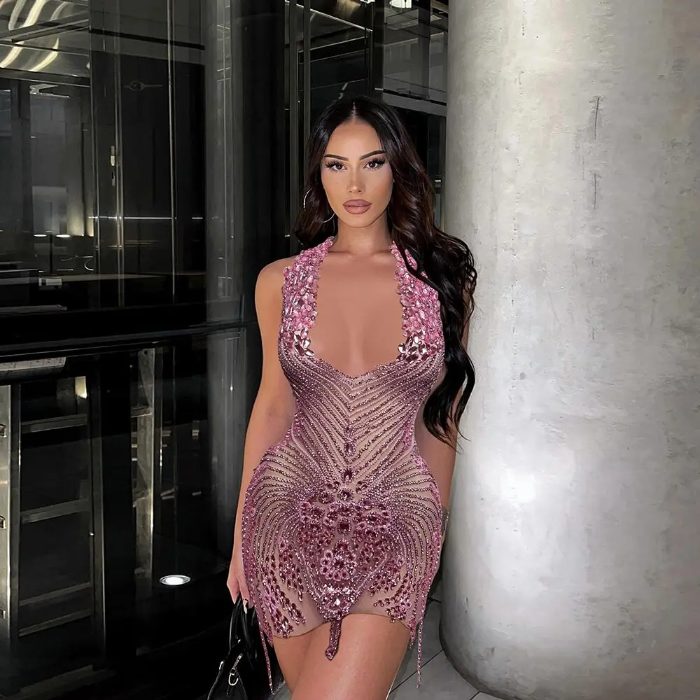 Halter V Neck Diamond Women Mini Dresses Rhinestone Beading Luxury Party Dress Celebrity Mesh Tassel Club Dress