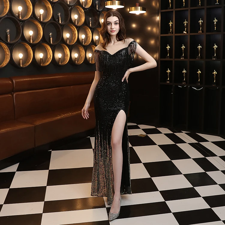 18121#Straight shoulder stud bead sequin fishtail dress host performance dress