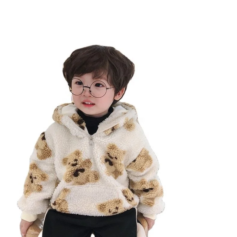 
2021 White Color Boy Coat Long Sleeve Zip Hooded Bear Print Sherpa Pullover Sweatshirts Winter Front Pocket Pullover For Child 