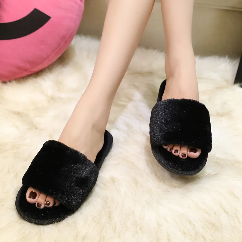 Wholesale Sublimation Blank Open Toe Fur Lined Slippers New Home Indoor Bedroom Women Faux Furry Fur Slides Slippers